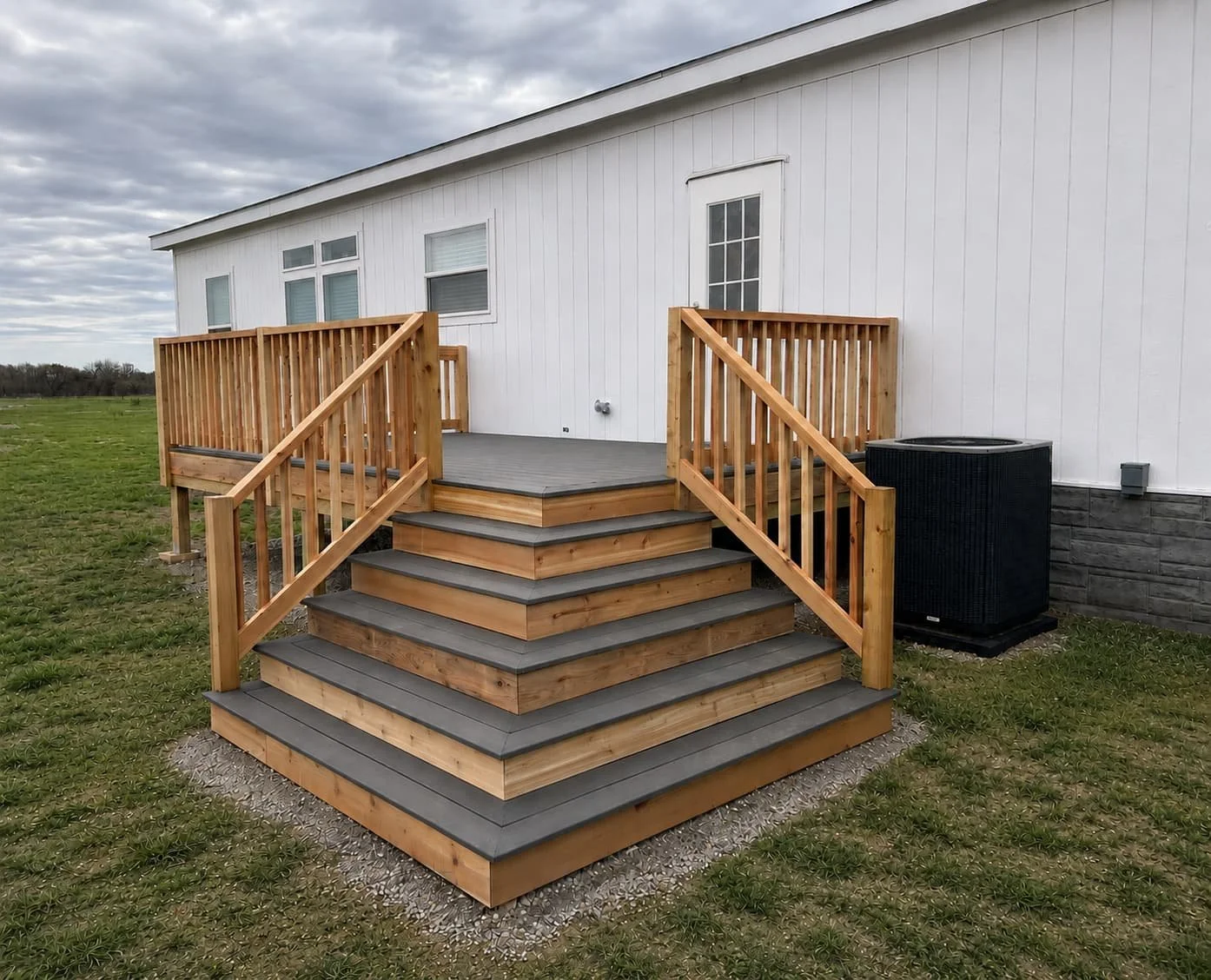 A new wooden deck with stairs and railings attached to a white house with several windows. The deck has gray flooring and is set outdoors on a grassy area with a cloudy sky in the background.
