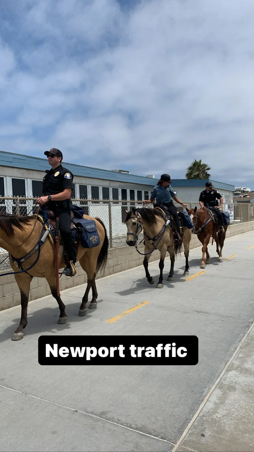 Newport Beach Police officers on horseback patrolling the Balboa Peninsula boardwalk.
