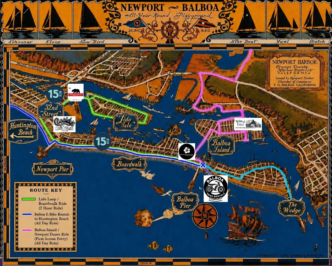 A colorful illustrated map of Newport and Balboa in California, showing routes for biking and sightseeing, with routes marked in green, blue, and pink, and landmarks labeled such as Newport Pier, Balboa Island, and Huntington Beach.