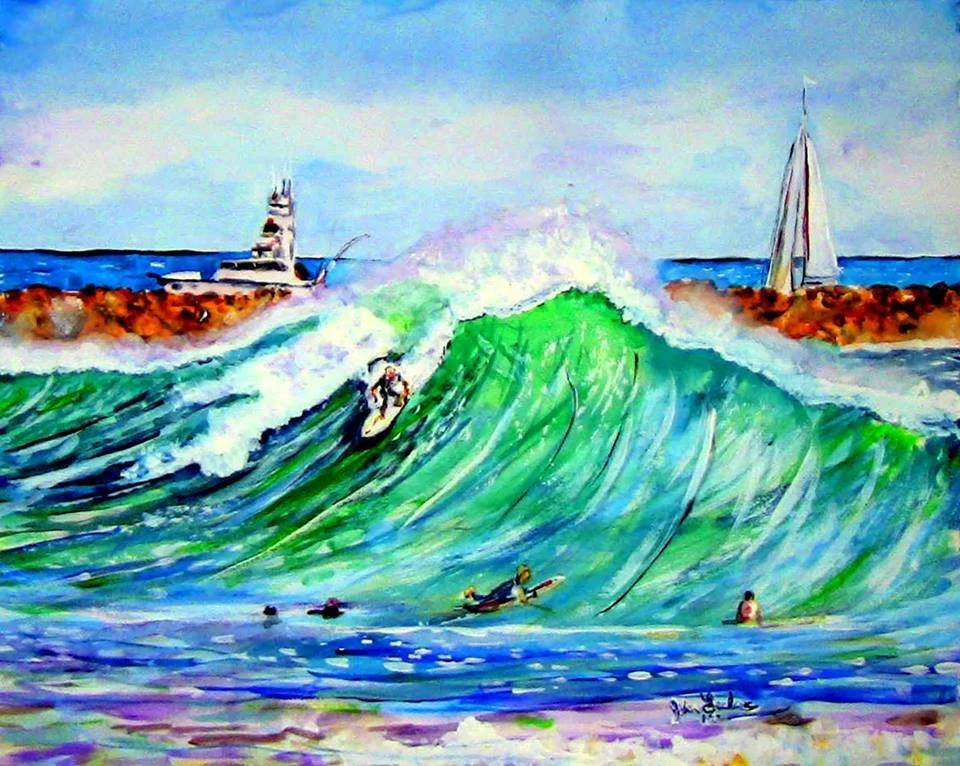 Painting of a large green wave at the beach with surfers riding it, a boat on the water, and a sailboat further out, with a rocky barrier and blue sky in the background.