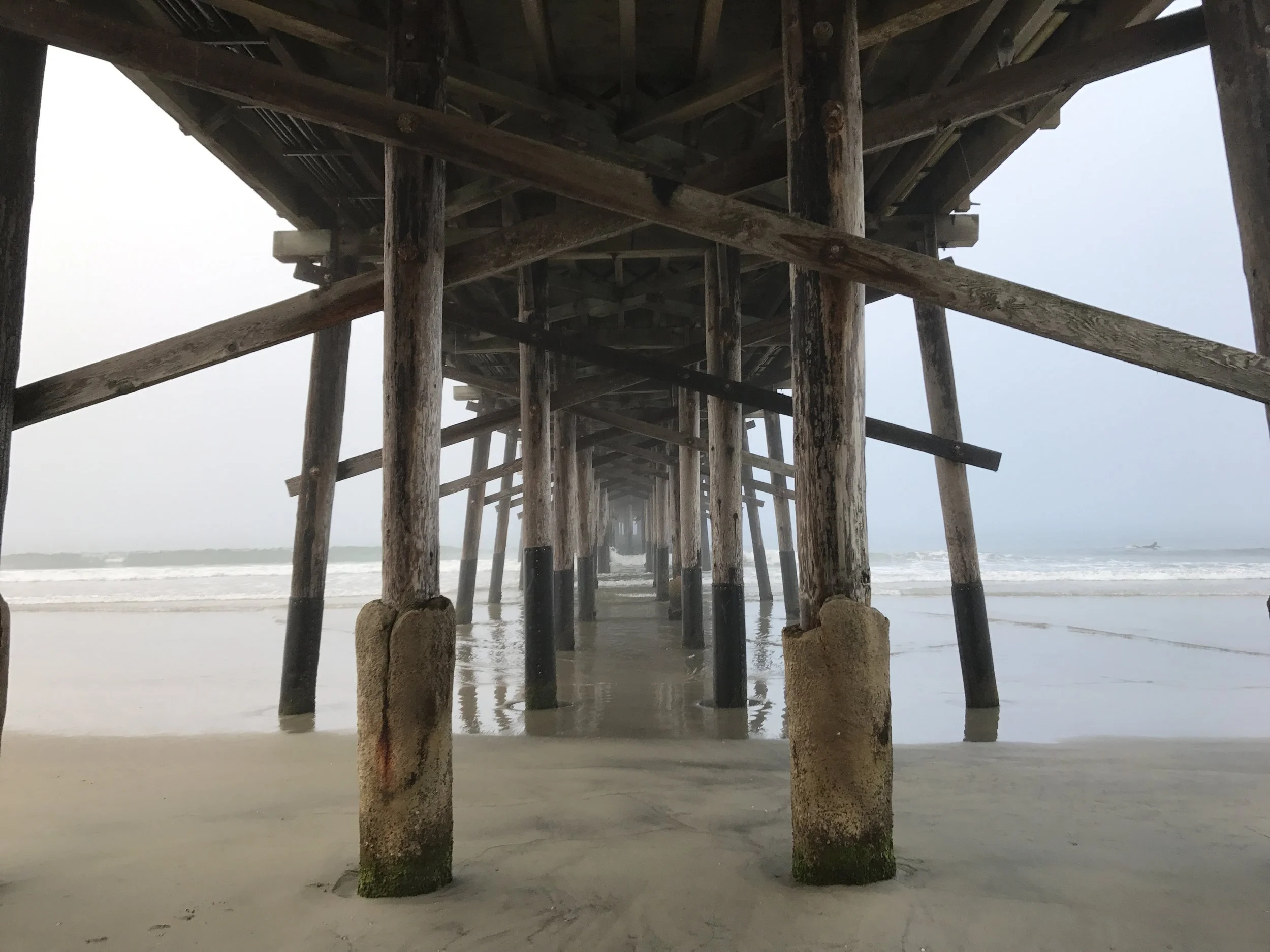 Underneath a wooden pier at the beach, with the ocean and sky in the background. The pier is supported by thick wooden pillars, some covered in green moss, extending into the sandy shore.