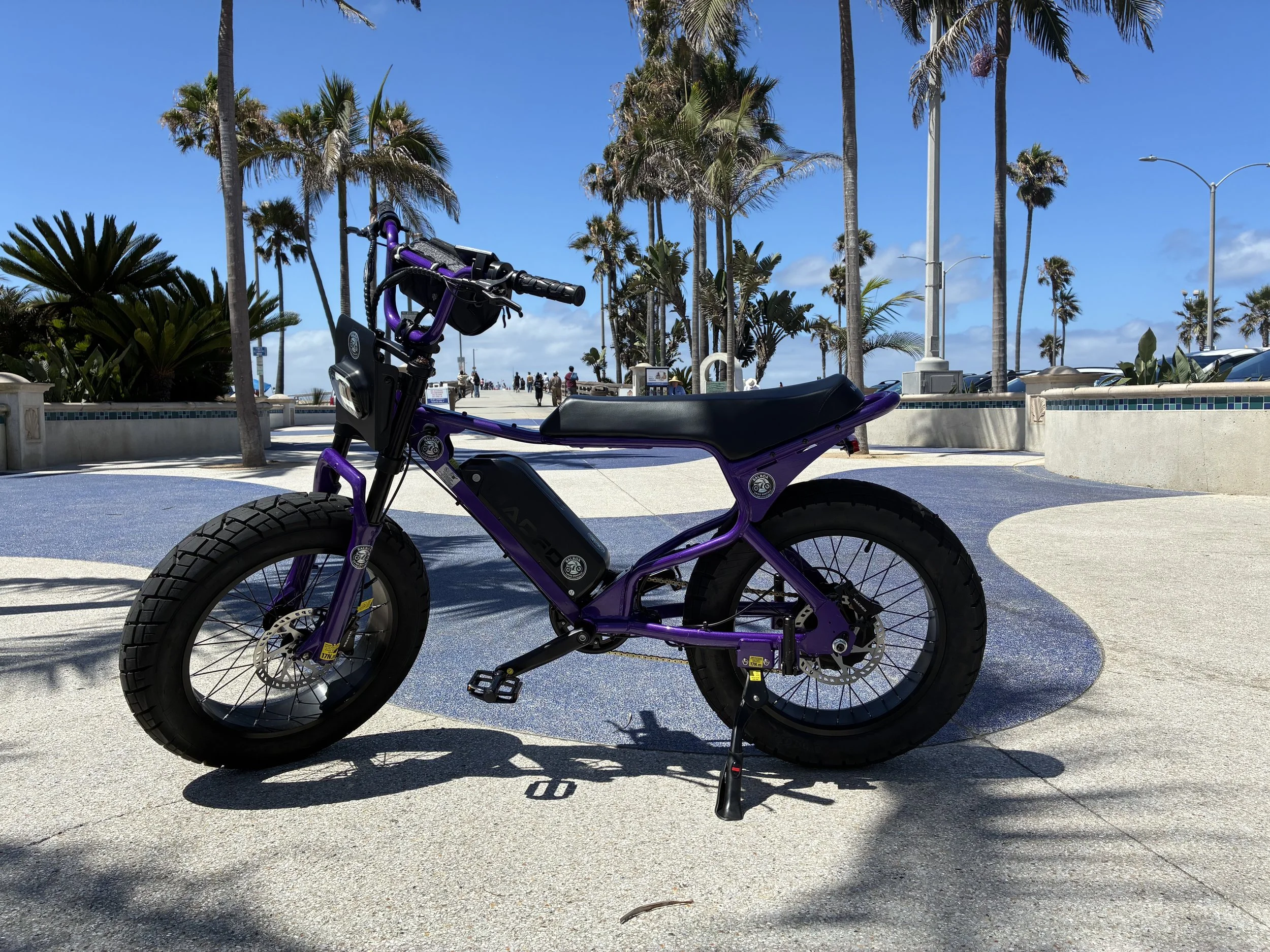 Purple Macfox electric bike parked along the Newport Beach boardwalk near the Balboa Peninsula on a sunny day.