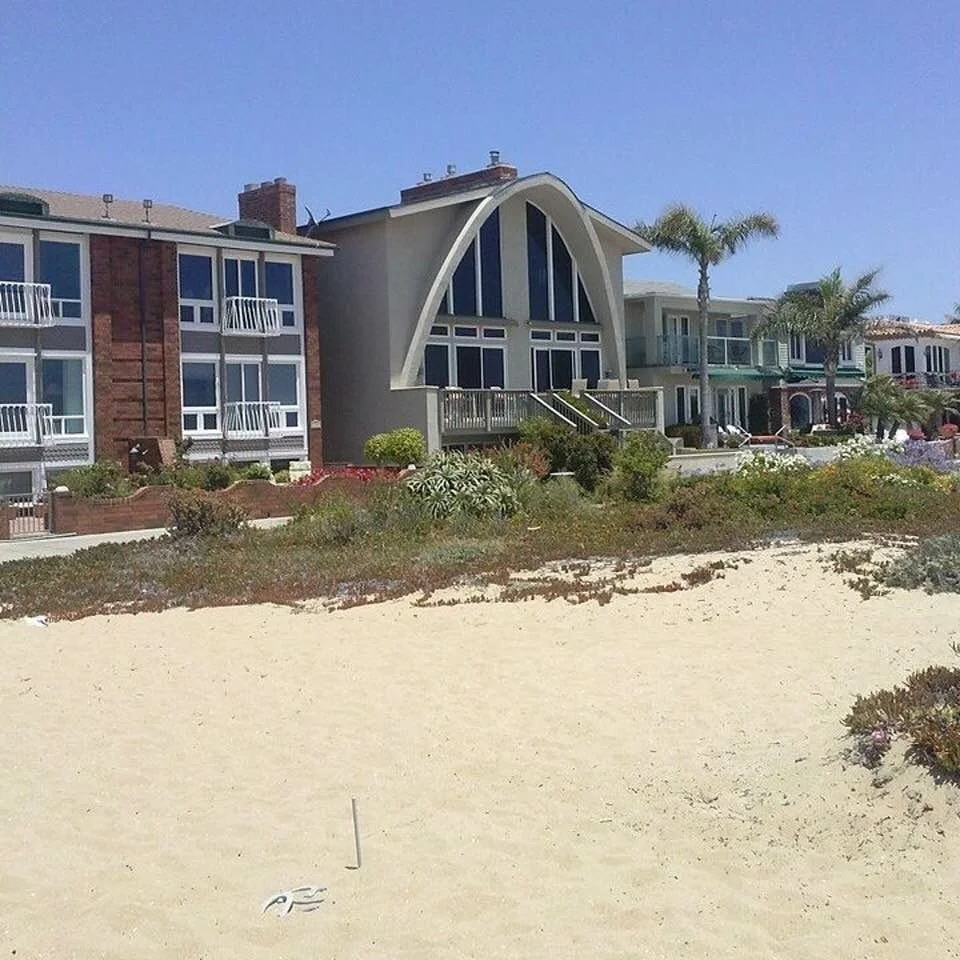 A row of beach houses facing sandy beach with some vegetation and palm trees in front