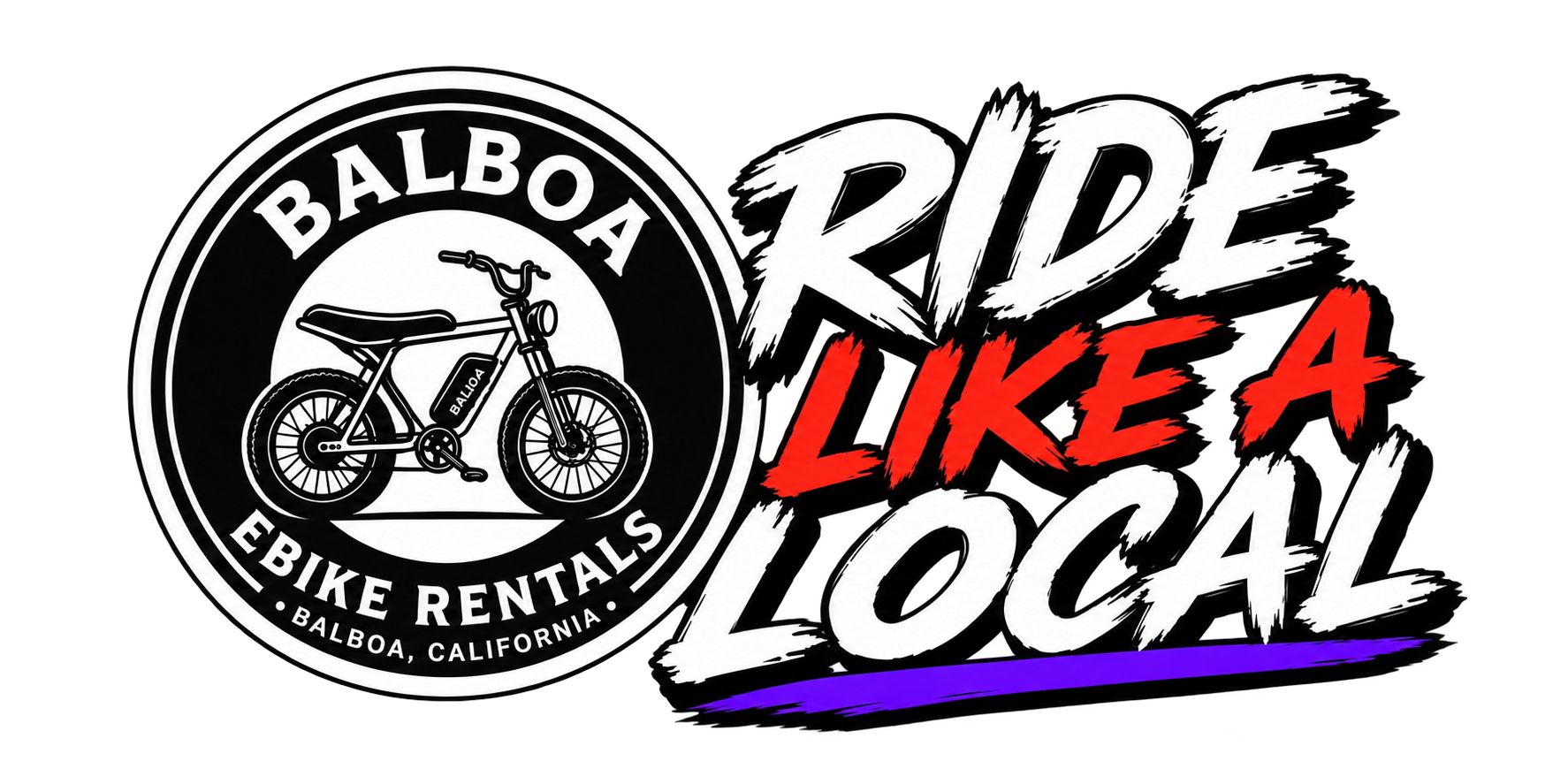 A logo for Balboa E Bike Rentals in Balboa, California, featuring a black and white illustration of a bicycle inside a circular border, with the slogan "Ride Like a Local" in bold, stylized white and red text with purple accents.