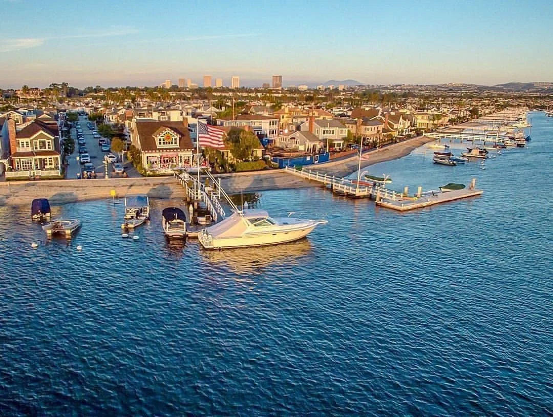 Aerial view of the newport harbor with houses, boats docked at the pier, and a marina on the water, with city buildings in the background.