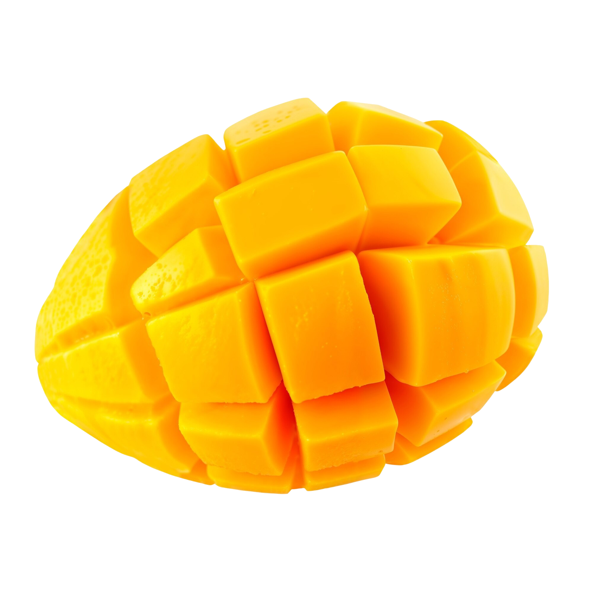 Gelbe Mango in Würfel geschnitten auf schwarzem Hintergrund.
