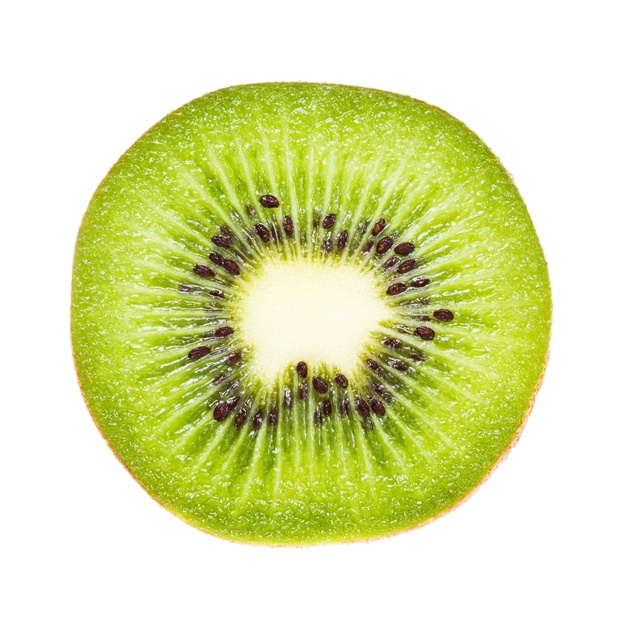 Eine halbe Kiwi-Frucht mit grüner Fruchtfleisch, schwarzen Samen in der Mitte, auf schwarzem Hintergrund.