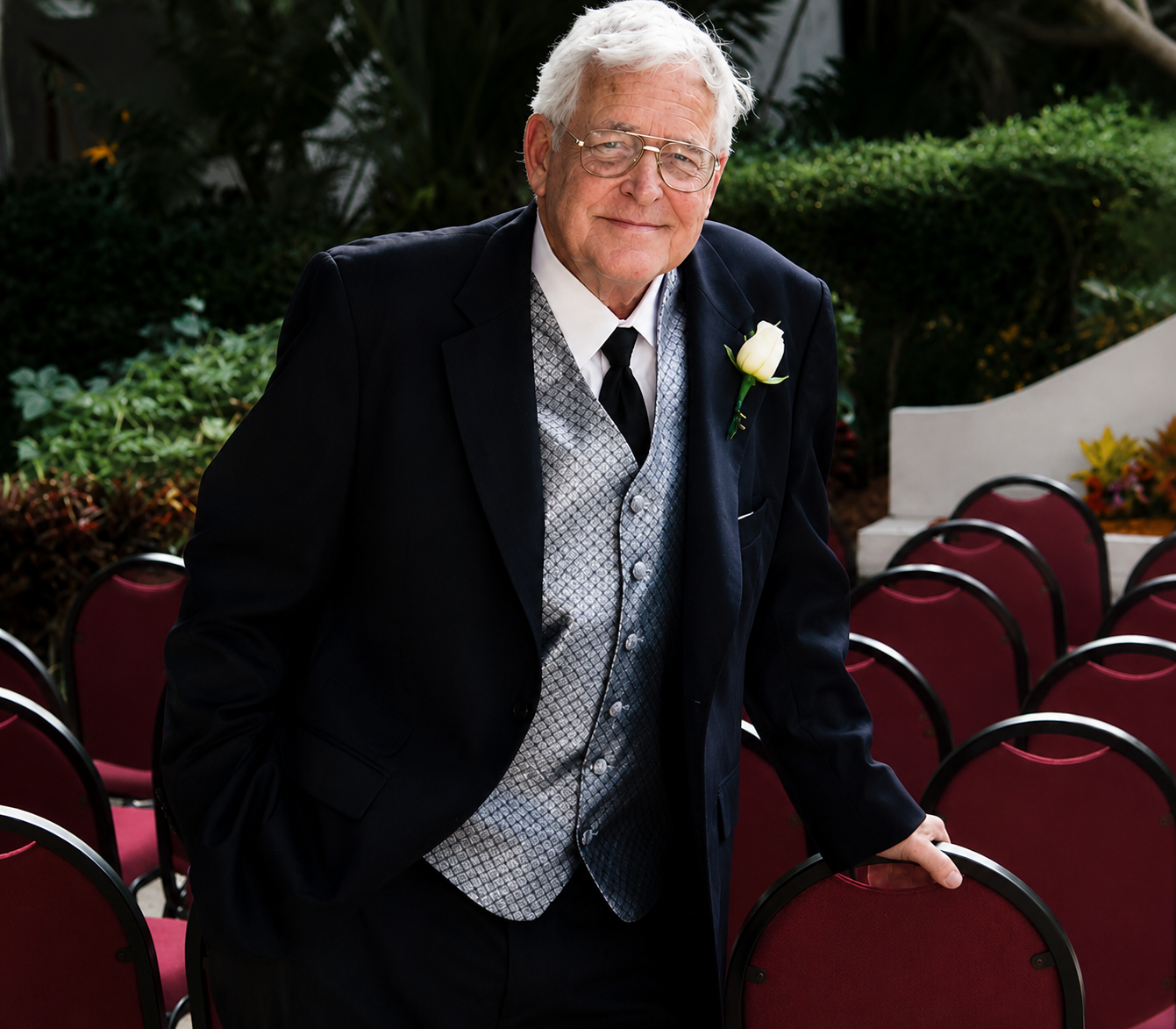 An elderly man wearing a black tuxedo with a boutonniere, standing among red chairs in an outdoor setting with greenery.