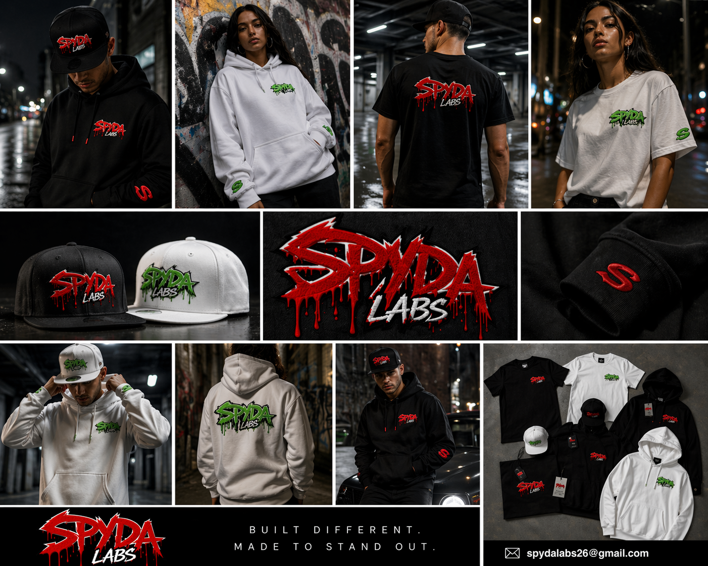 Collage of clothing and accessories from Spyda Labs, including hoodies, T-shirts, caps, and zip-up jackets, featuring the brand's logo in red with dripping effects and green with graffiti style, shown in urban night settings.