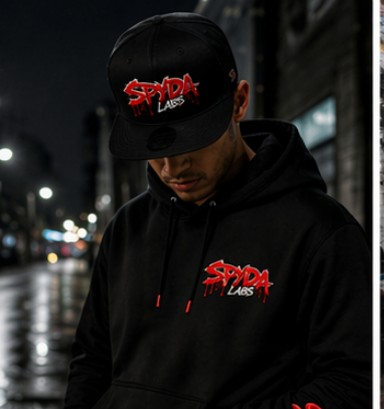 Young man wearing a black hoodie and black cap with red and white 'SYPDA LABS' logo, standing on a wet city street at night.