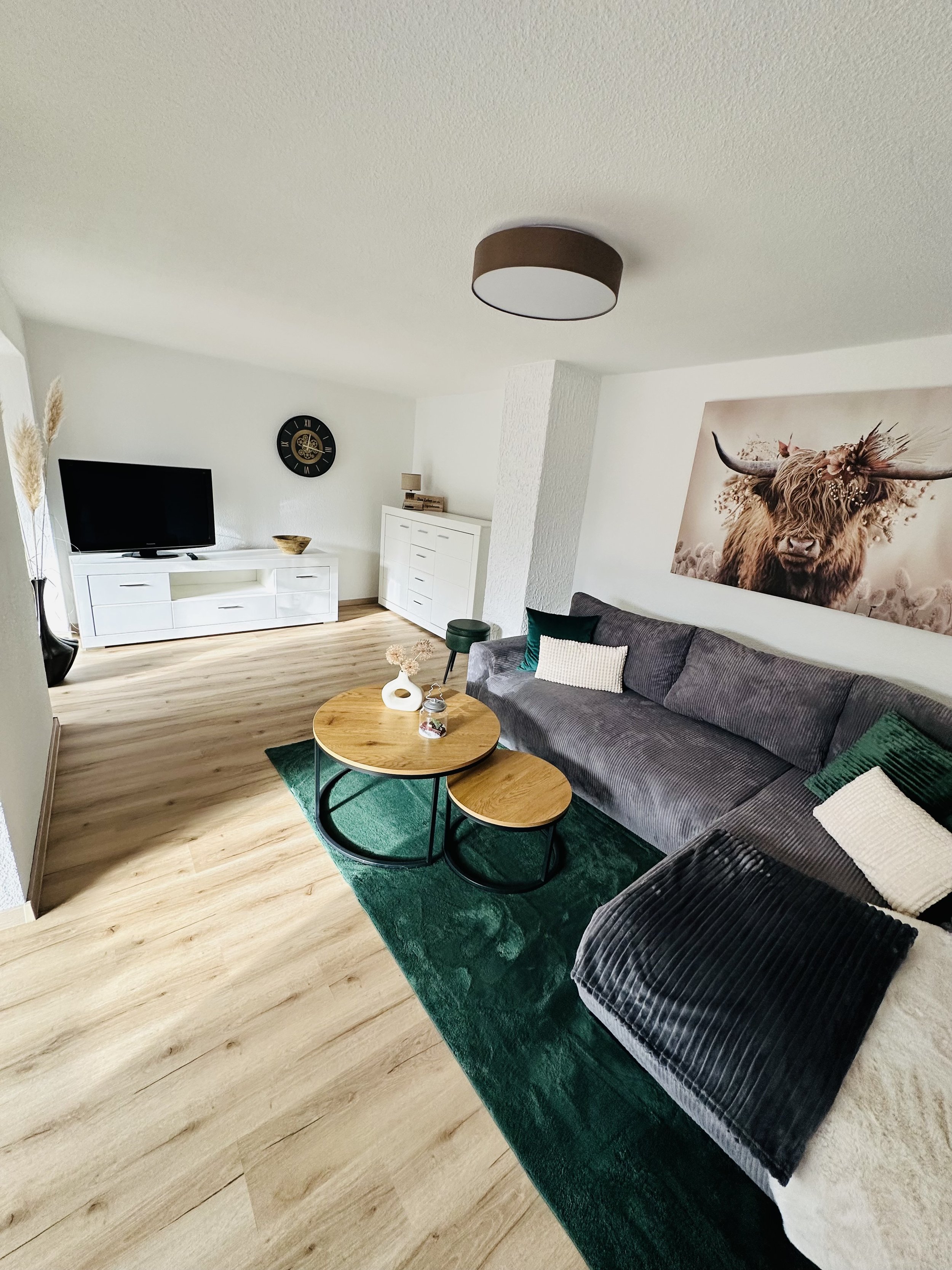 Moderner Wohnraum mit grauem Sofa, grünem Teppich, klassischen Holz- und weißen Möbeln, Wandkunst eines Highland-Cow
