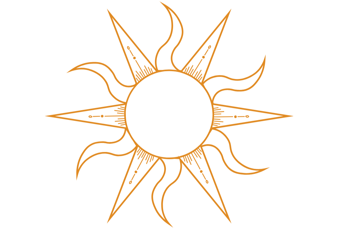 Een abstract ontwerp van een zon met een zwart centrum en oranje stralen, afwisselend tussen rechte en golvende lijnen op een zwarte achtergrond.