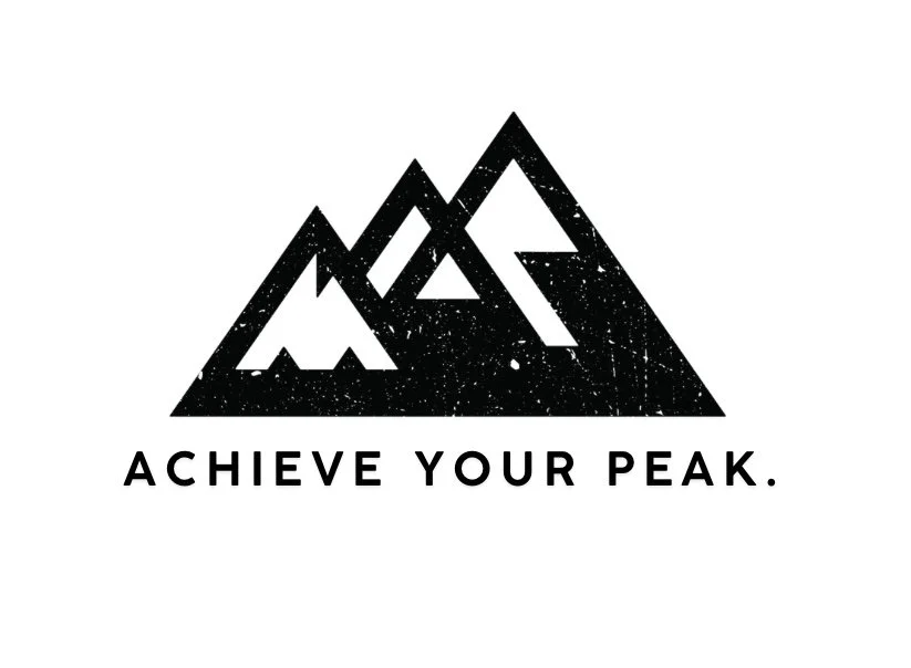 Black mountain peaks graphic with the phrase 'Achieve Your Peak' beneath it.