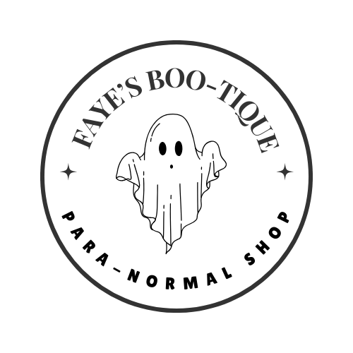 Logo for Faye's Boo-Tique, a store, featuring a cartoon ghost with a sheet and eyes, inside a circle with the store name and description.