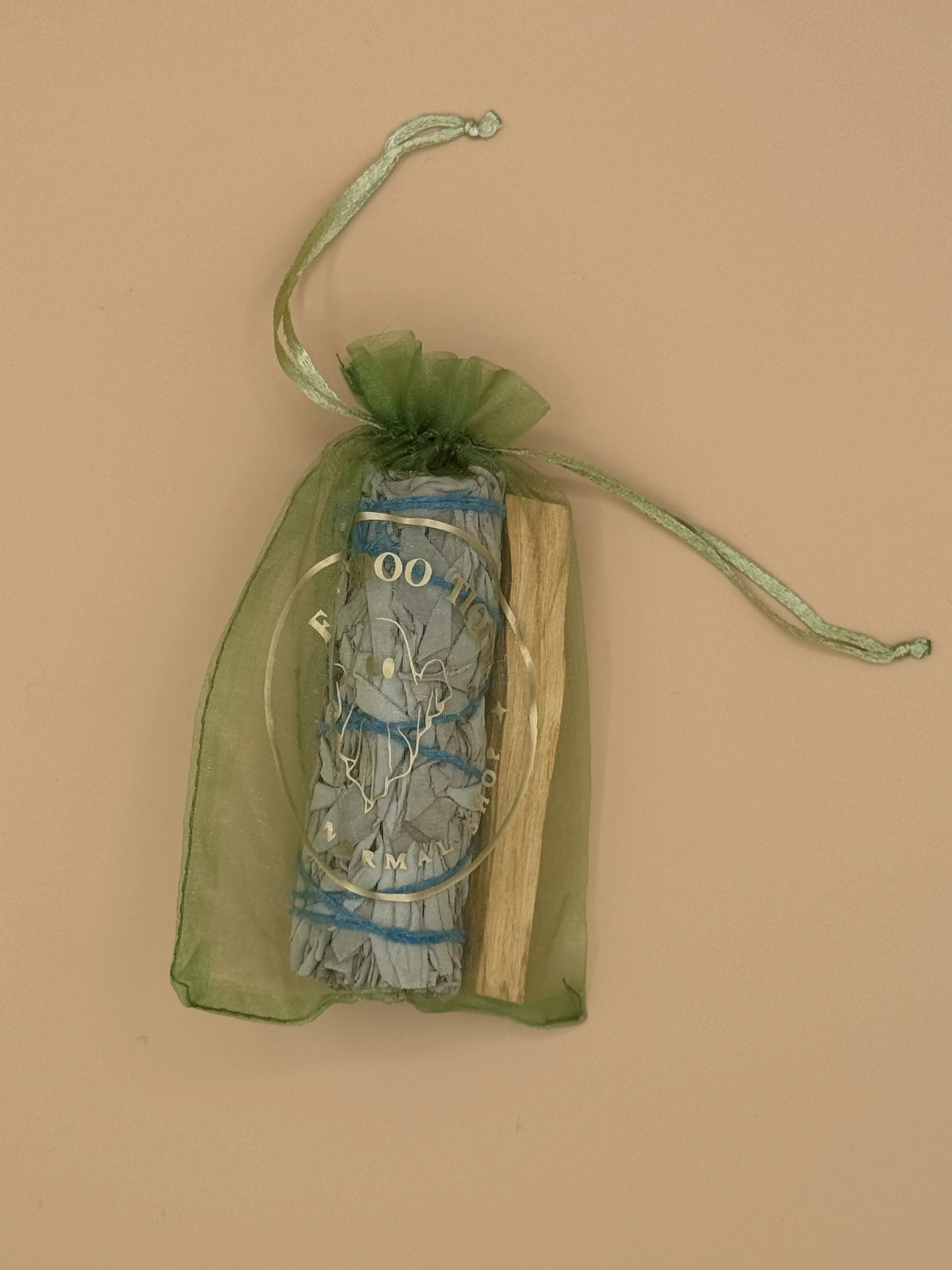 A fire alarm with a green net cover and a money roll inside, mounted on a beige wall.