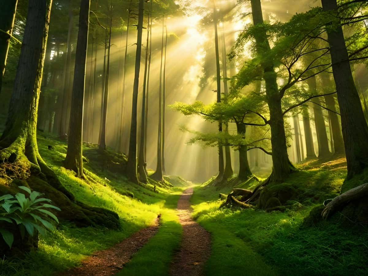 Sunlight rays shining through tall green trees onto a forest path covered in lush green moss and grass.