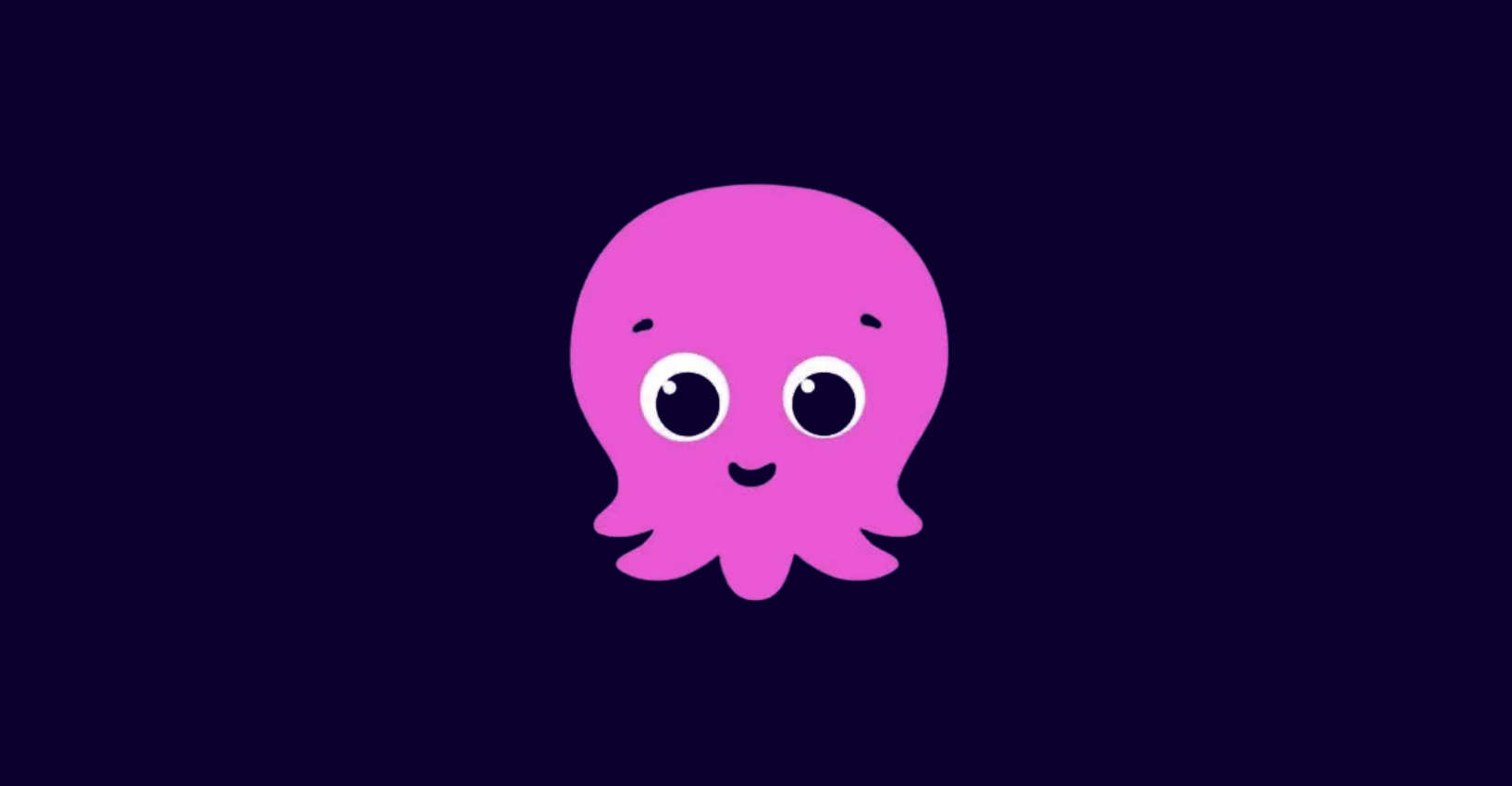 Cartoon pink octopus with big eyes and a smiling face on a dark background.