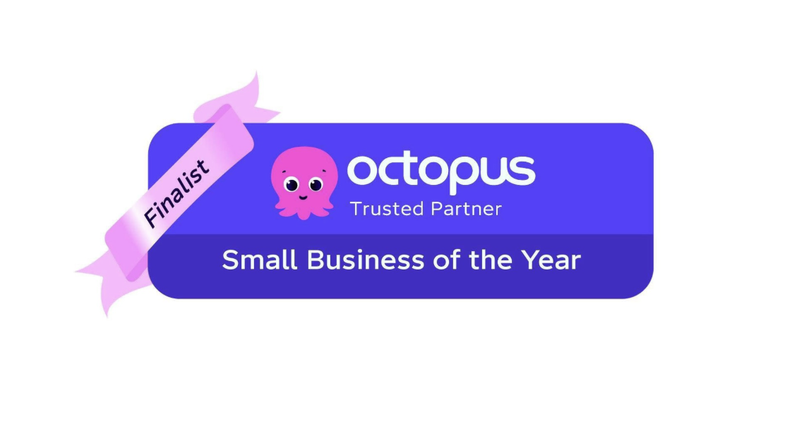 A badge featuring a purple octopus cartoon, indicating they are a finalist for the Small Business of the Year award, with the Octopus Trusted Partner logo.