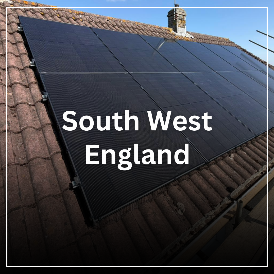 Solar panels installed on a tiled roof of a house in South West England.