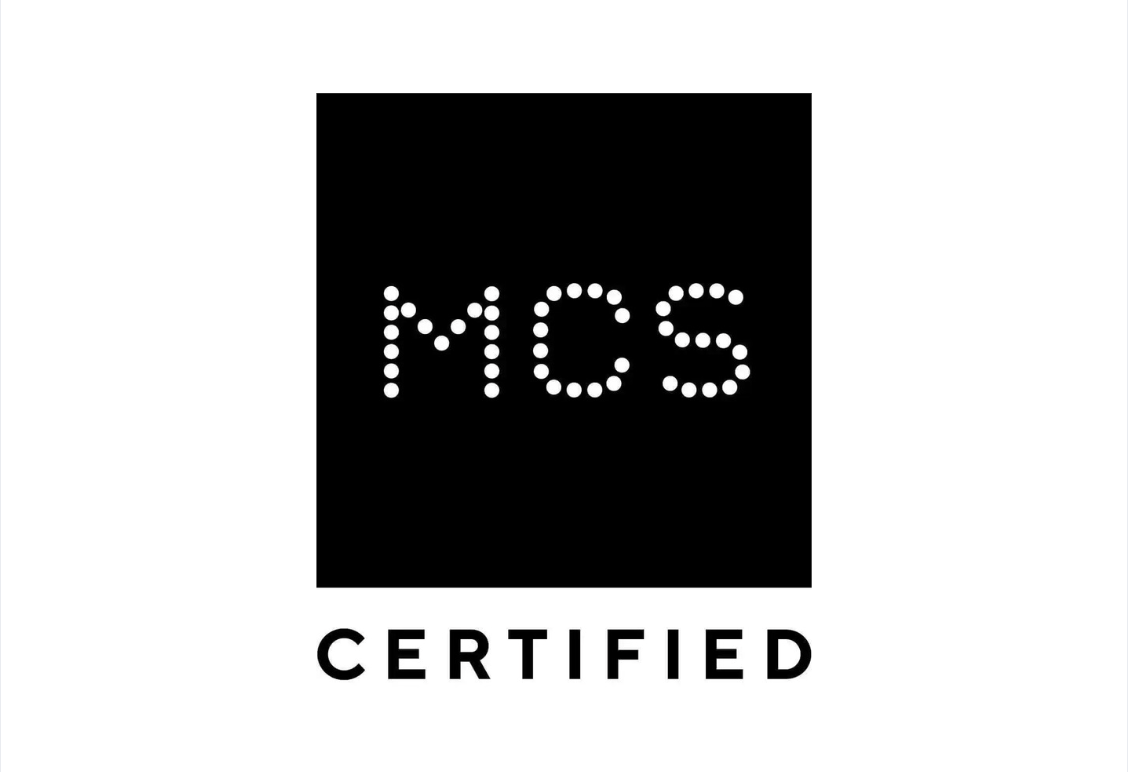 MCS Certified logo with white dotted letters MCS on a black square background and the word CERTIFIED below.