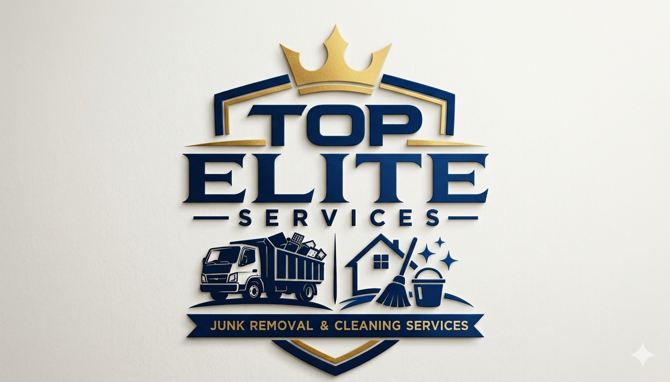 Logo for Top Elite Services featuring a gold crown, blue and gold shield, with icons of a junk truck, house, broom, and cleaning bucket below, and text reading "Junk Removal & Cleaning Services."