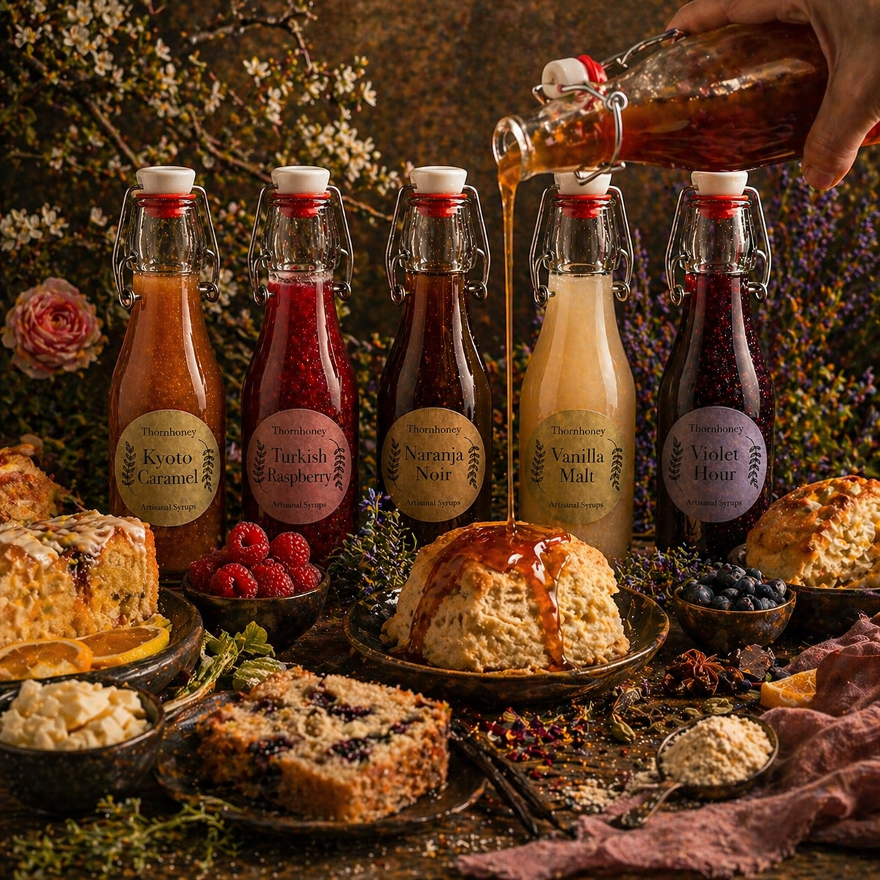 Various artisanal syrups labeled Kyoto Caramel, Turkish Raspberry, Naranja Noir, Vanilla Malt, and Violet Hour, with desserts and berries on a rustic table.