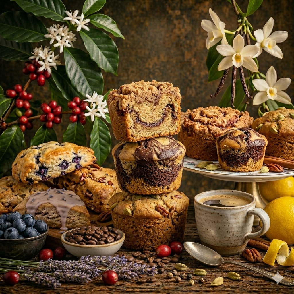 Assorted baked goods including muffins and cookies, surrounded by berries, lemons, and plants, with a cup of coffee on a rustic wooden table.