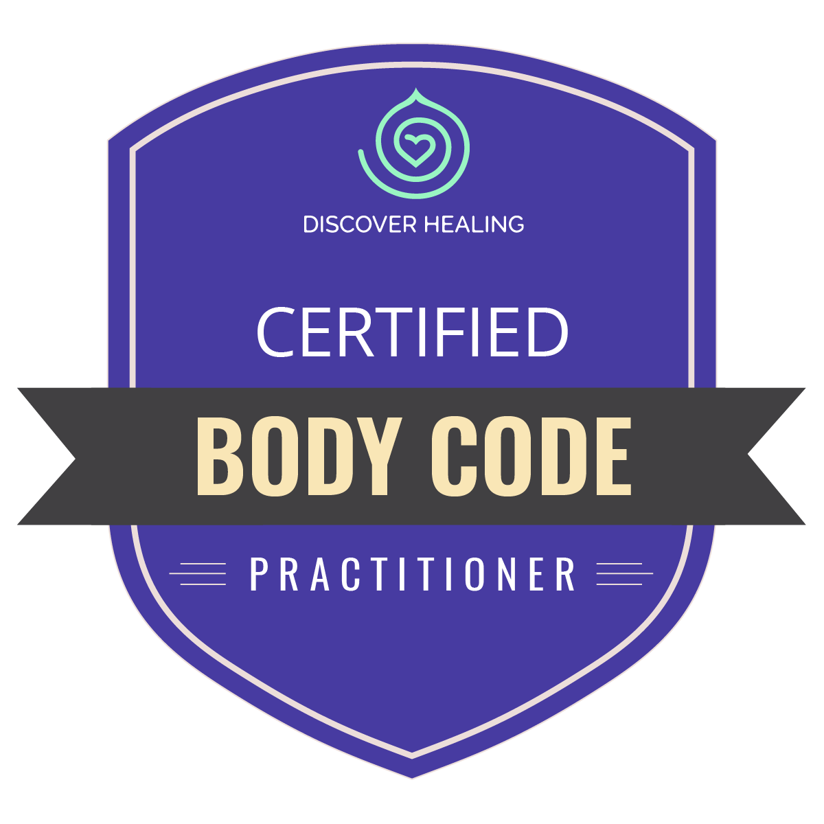 Certification badge with a purple shield background, displaying a green heart icon at the top, and text stating 'Discover Healing Certified Body Code Practitioner'