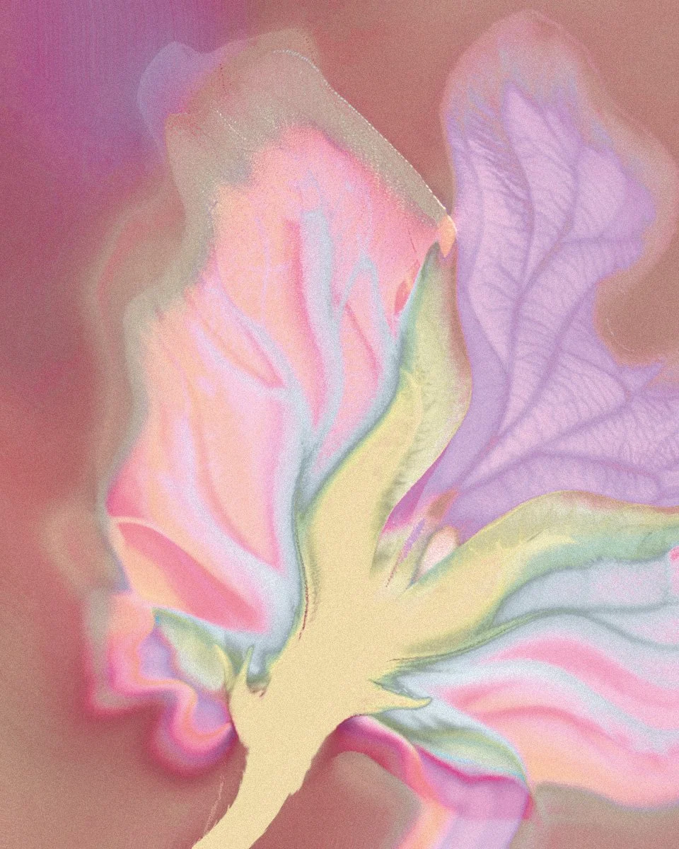 Un dessin abstrait de fleurs aux couleurs pastel, avec des détails flous et une texture douce.