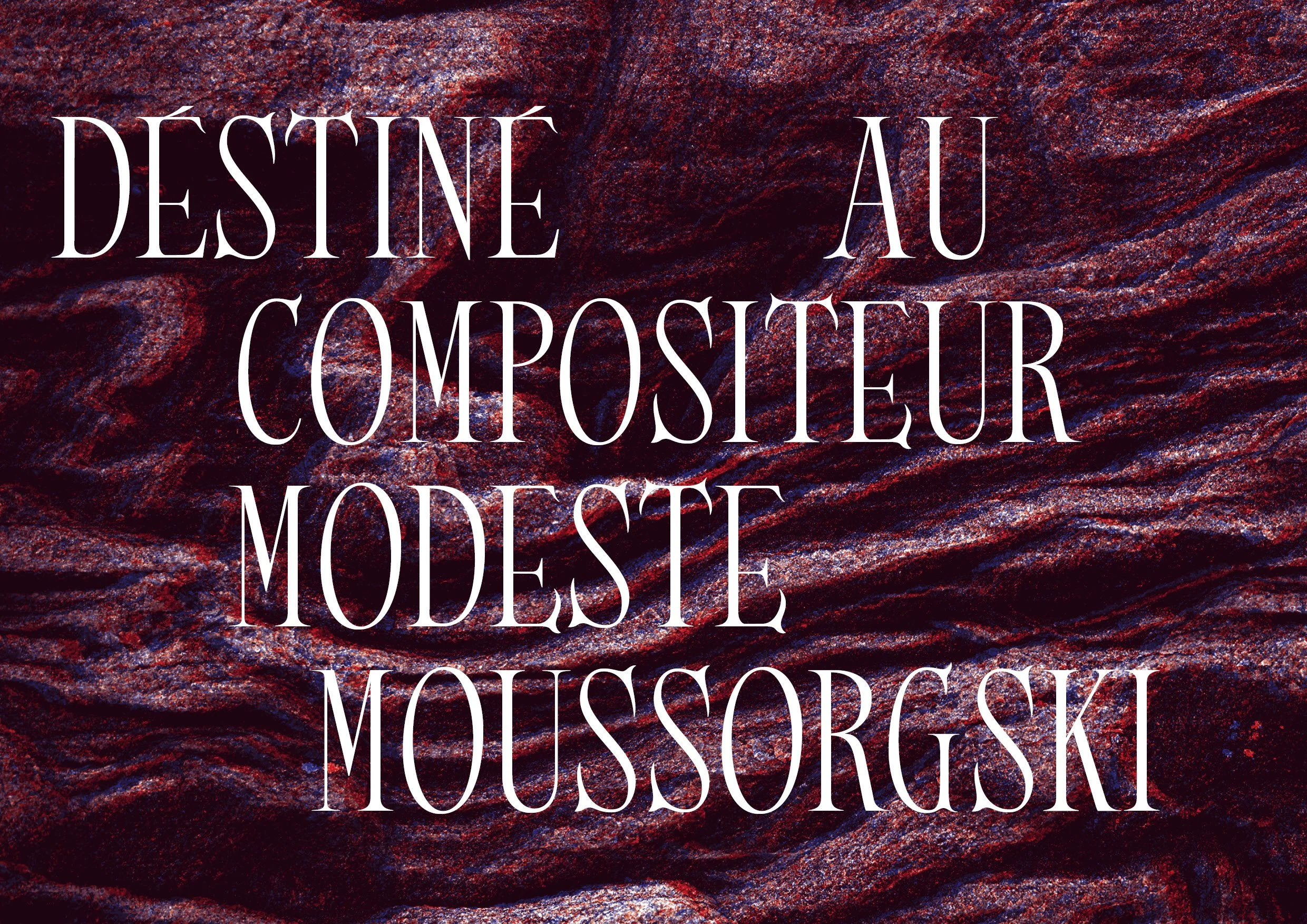 Texte en blanc sur un fond rouge et noir représentant des textures rocheuses. Le texte dit 'DESTINÉ AU COMPOSITEUR MODESTE'.