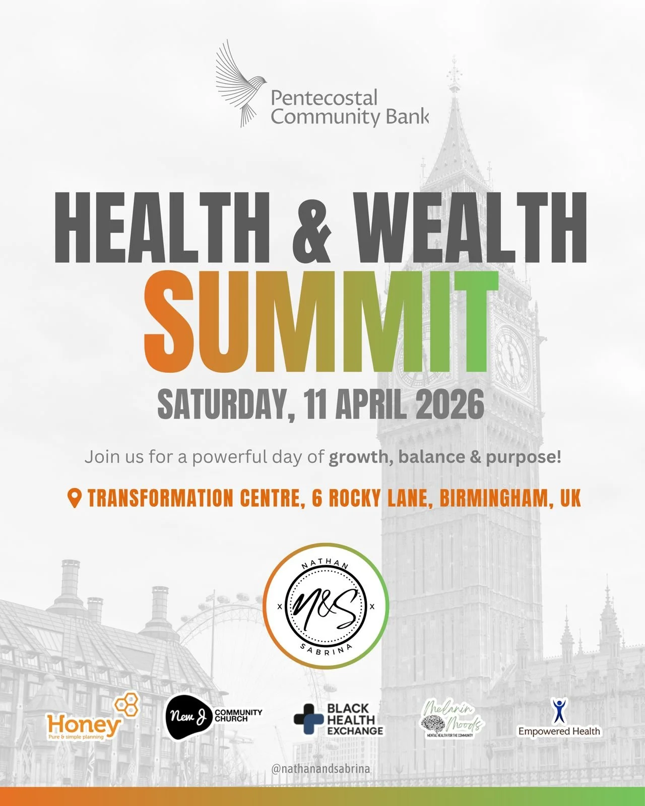 Flyer for the Health & Wealth Summit organized by Pentecostal Community Bank on April 11, 2026, at Transformation Centre, Birmingham, UK, featuring a background image of Big Ben.