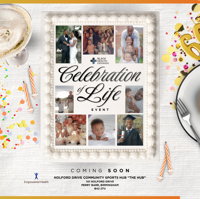 Celebration of Life event invitation with photos of diverse families and individuals, and details about the event at Holford Drive Community Sports Hub, Birmingham.