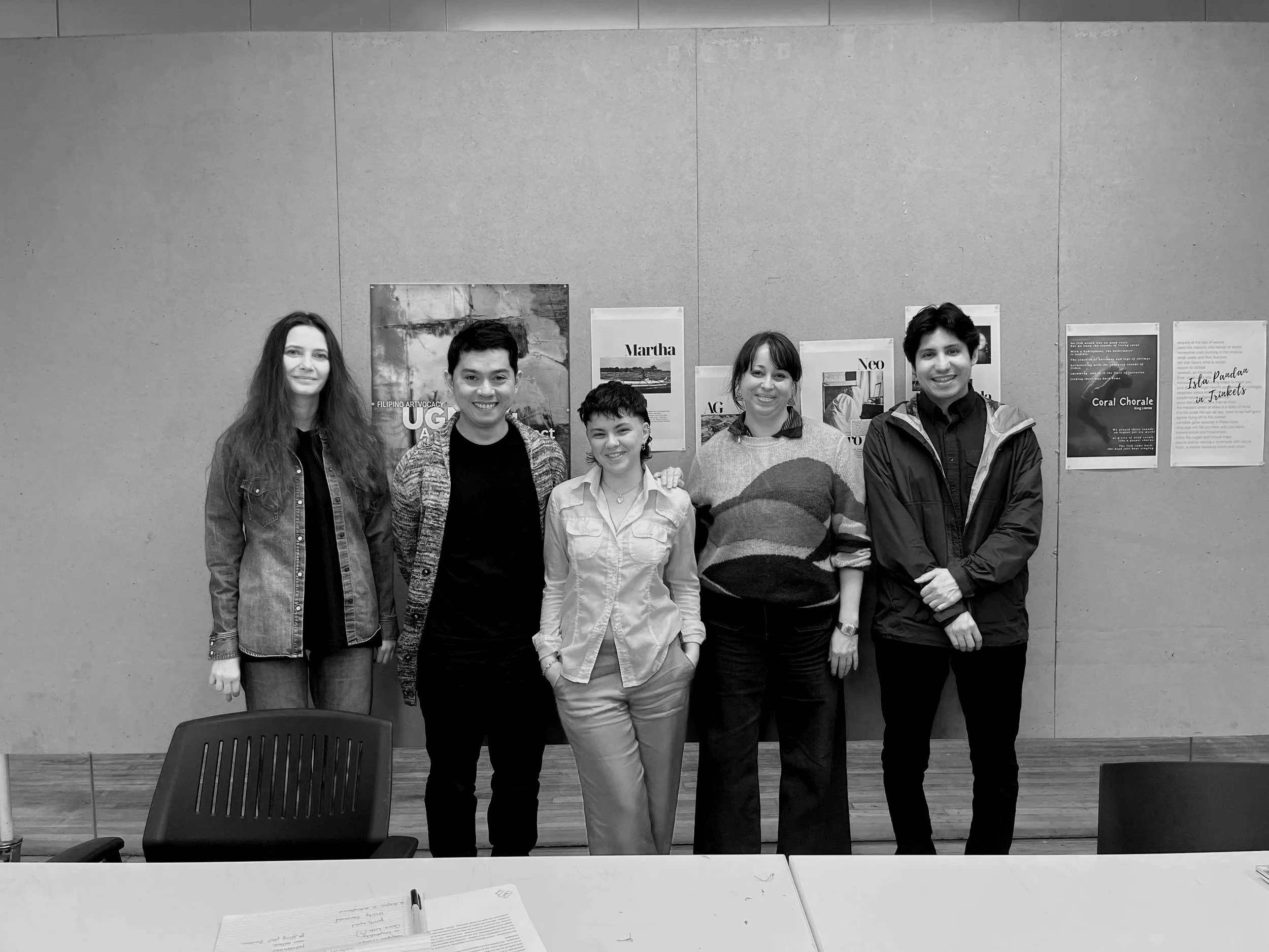 New School Graduate Class, six people in front of their posters for their final assignment on climate exhibits.