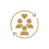 A stylised icon with 3 profile symbols in a circular background with a heart at the top