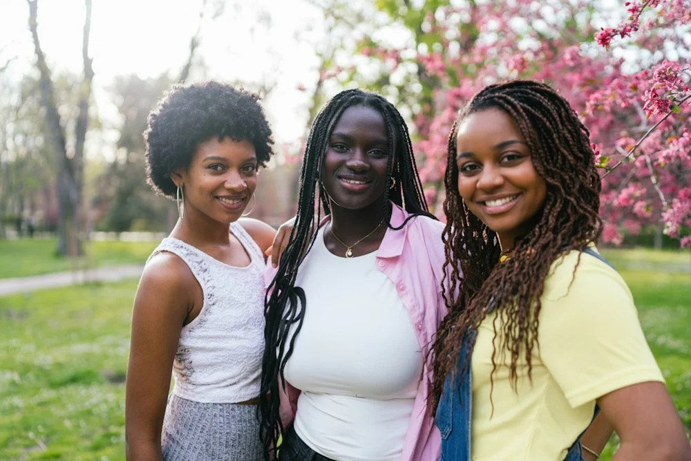 Three women smiling outdoors in a park with pink flowering trees in the background.