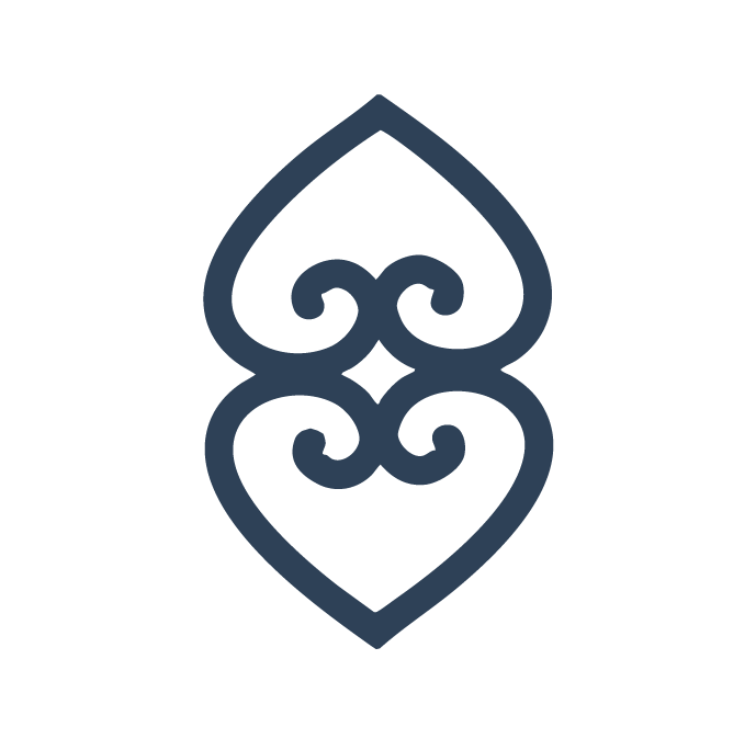 A navy decorative stylised double-heart motif