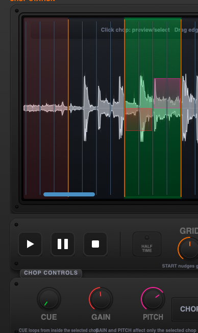 Audio editing software screen showing a waveform with colored sections and control buttons for play, pause, and stop.
