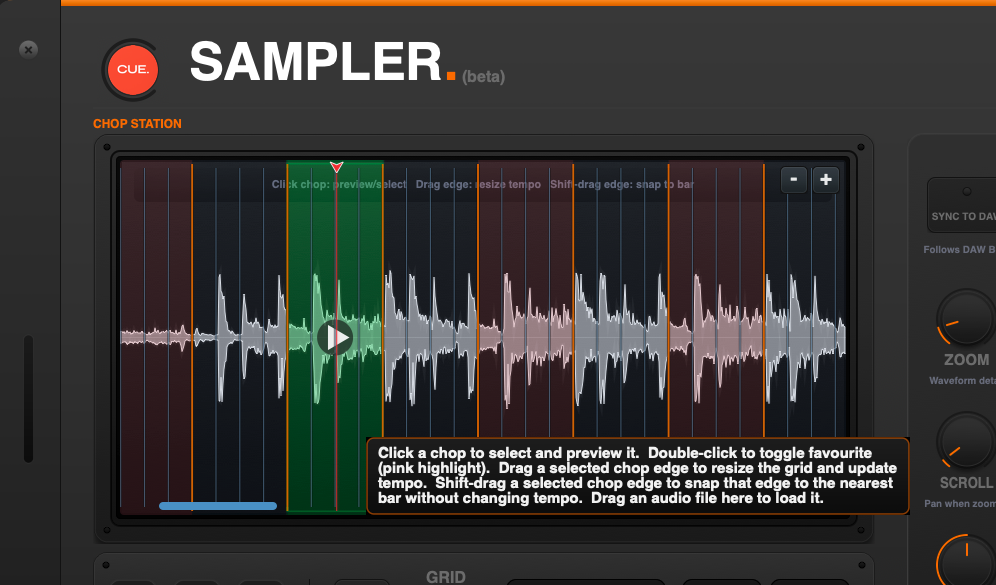 Screenshot of a digital audio workstation interface labeled 'SAMPLE' with a waveform display, editing tools, and section titles like 'CHOP STATION' and instructions for audio editing.