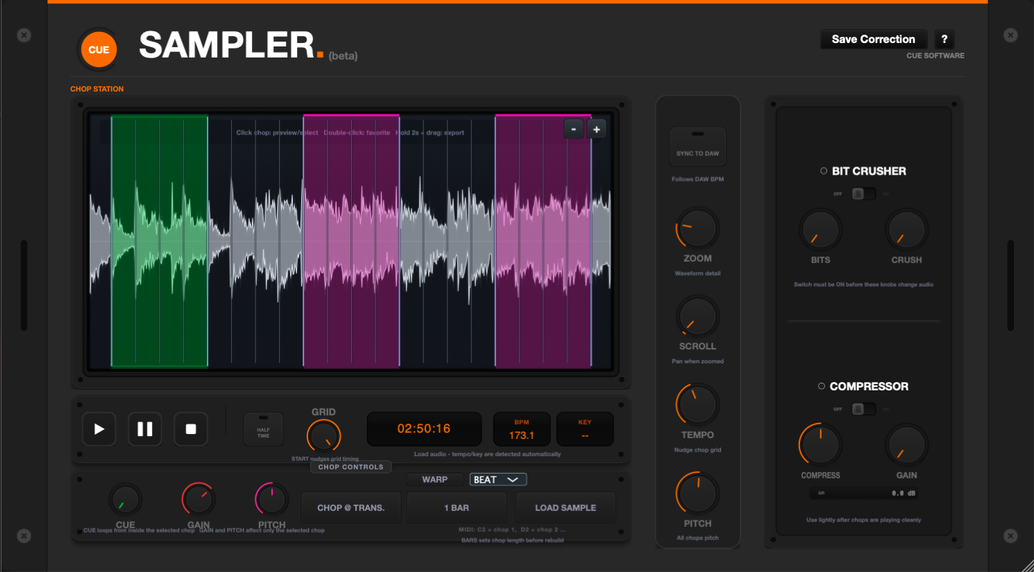 Screenshot of a music sampling software interface called CUE SAMPLER with waveforms, controls, and settings for audio editing.