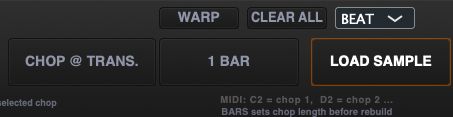 Close-up of a digital music production interface with buttons labeled WARP, CLEAR ALL, BEAT, CHOP @ TRANS., 1 BAR, LOAD SAMPLE, and MIDI controls.