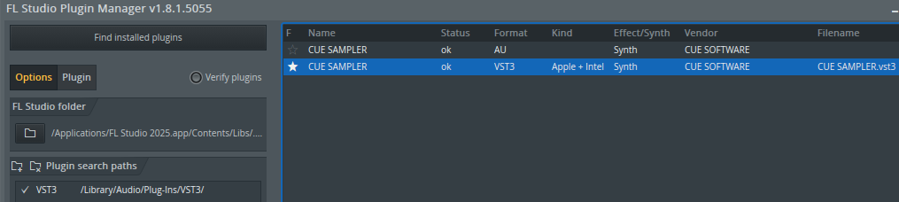 Screenshot of FL Studio Plugin Manager v1.8.1.5055 showing two audio plugins labeled CUE SAMPLER with their status, format, kind, vendor, and filename details.