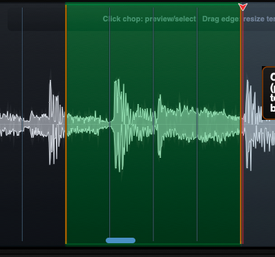 Screenshot of an audio editing software showing a waveform with various editing sections highlighted in green, red, and other colors.
