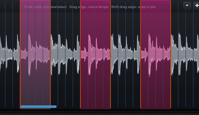 Screenshot of an audio editing software showing waveforms, timeline, and editing tools.
