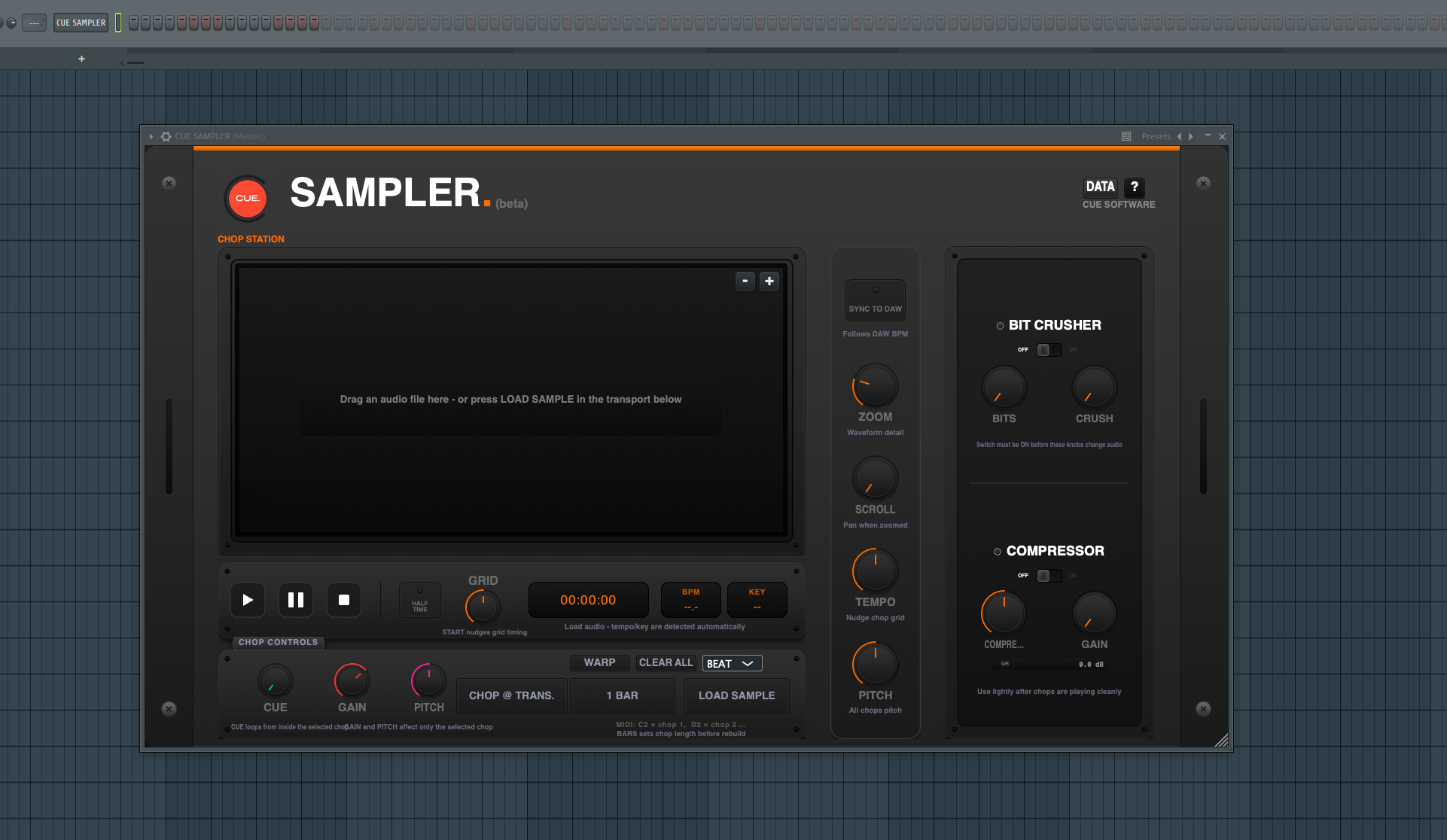 Screenshot of a digital music sampler software interface with controls for chopping, playing, and effects, set against a computer screen with a grid background.