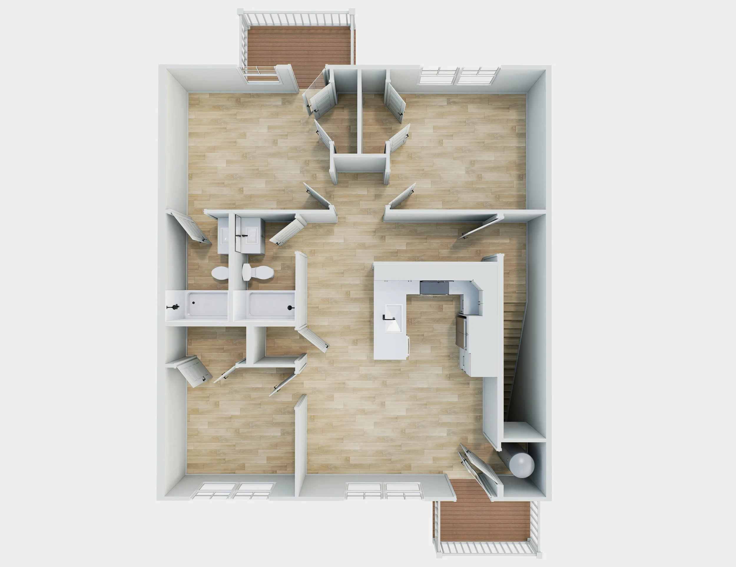 Top-down view of a one-bedroom apartment layout showing a kitchen, bathroom with a toilet, room with multiple doors, and a living space with a balcony.