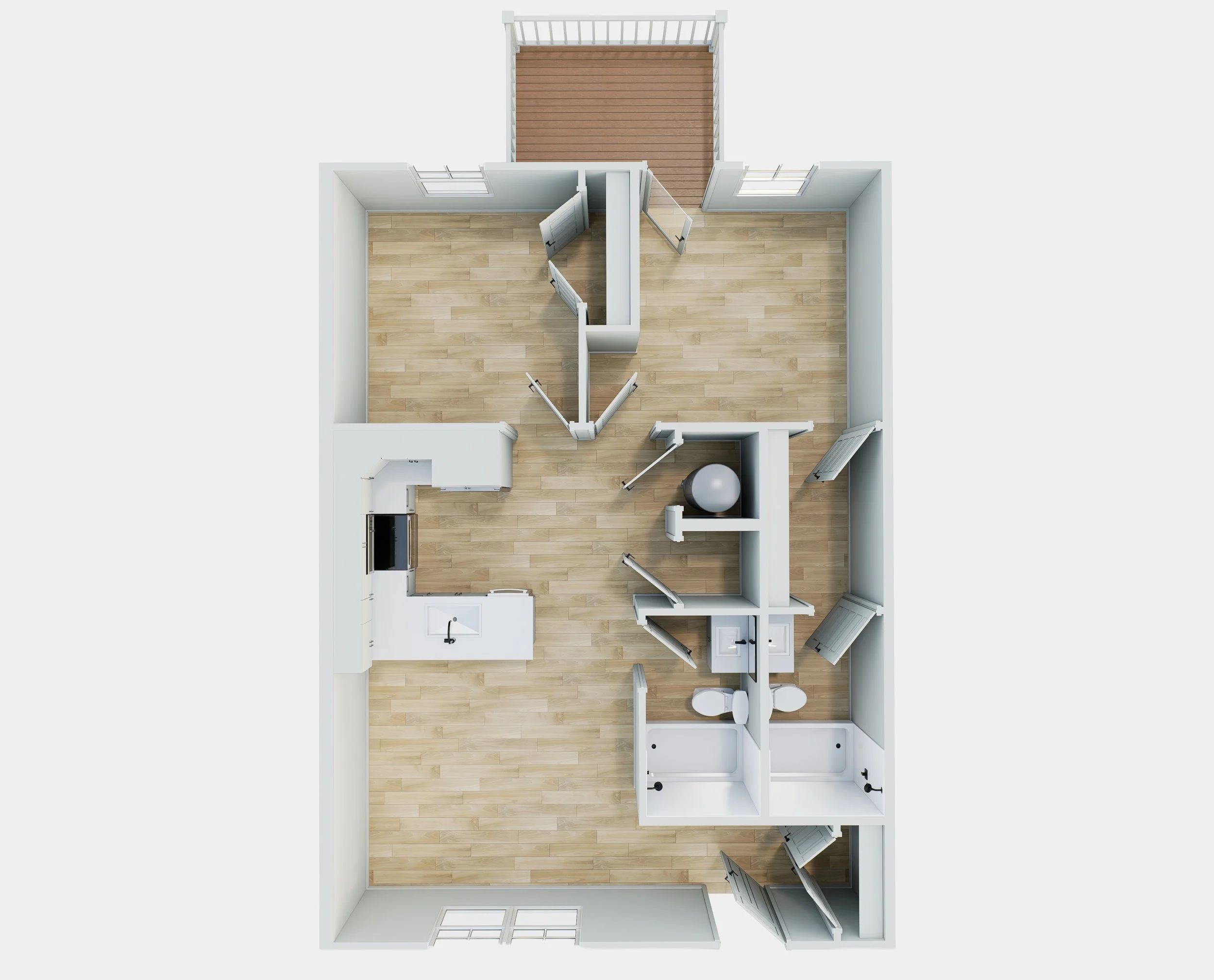 Top-down view of a small apartment's interior layout with a deck, open living space, and bathroom.