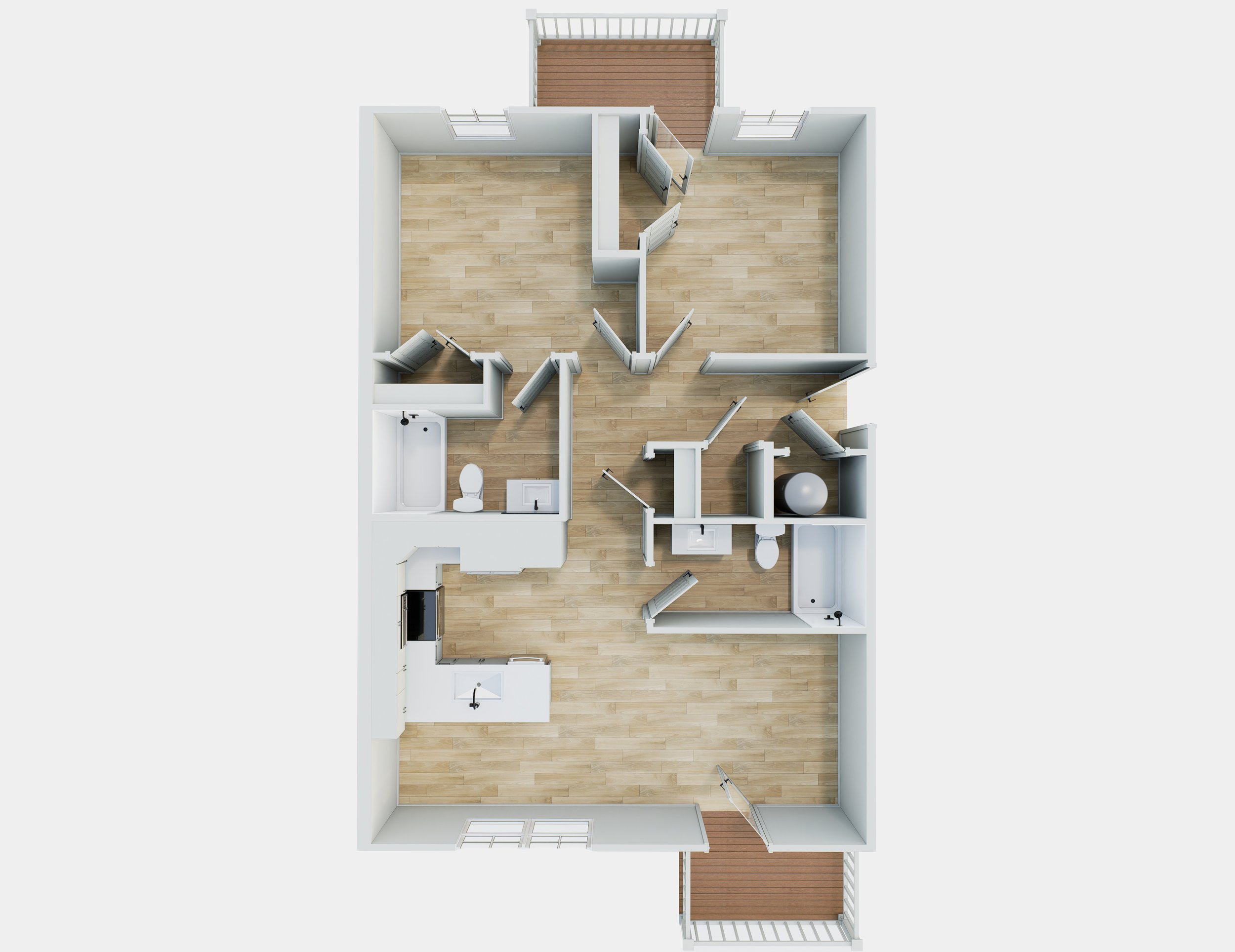 Top-down view of a small apartment layout with wooden floors, a bathroom with a shower, toilet, and sink, and a balcony.