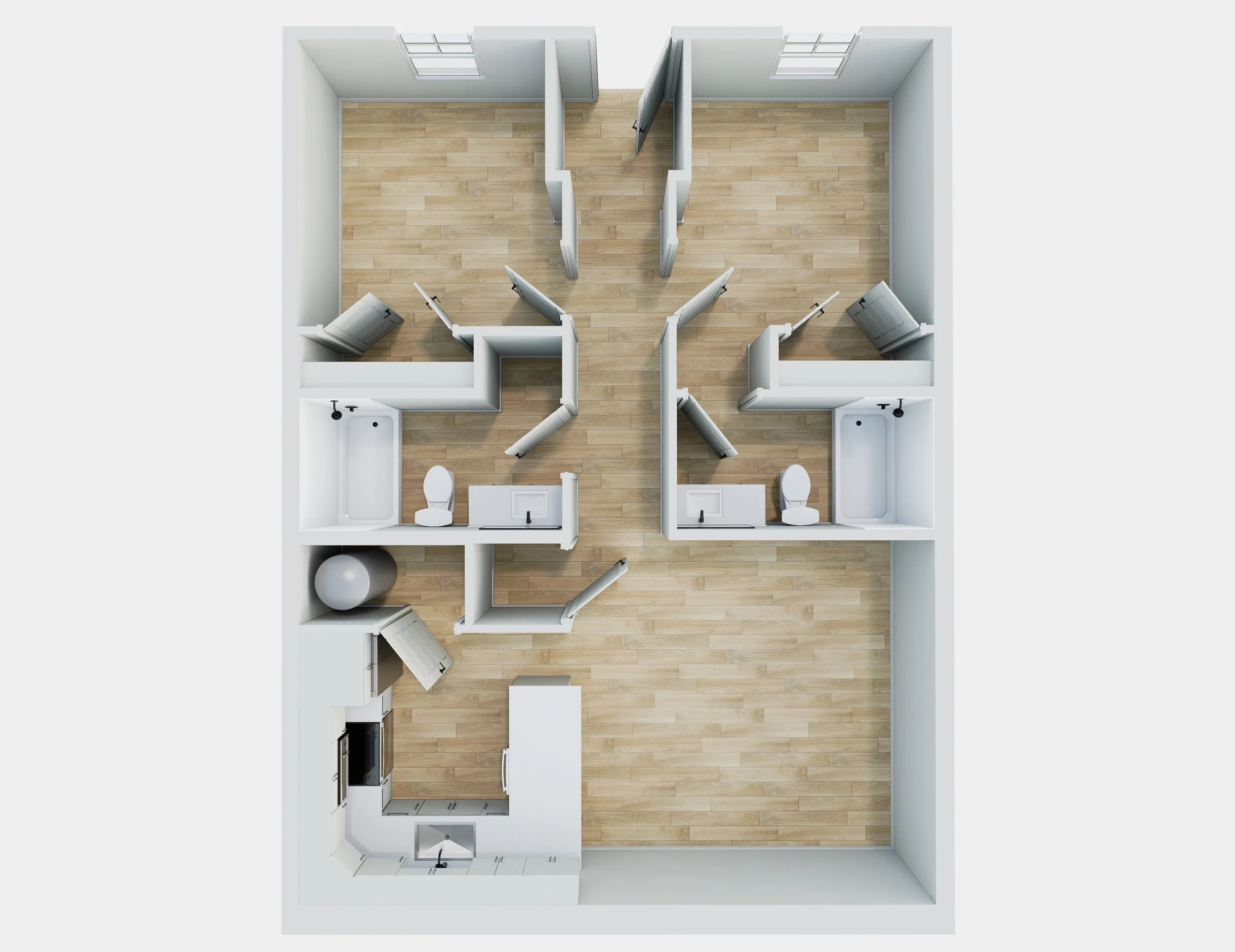 Top-down view of a small apartment with two bedrooms, two bathrooms, a kitchen, and a living area, all with wood flooring.