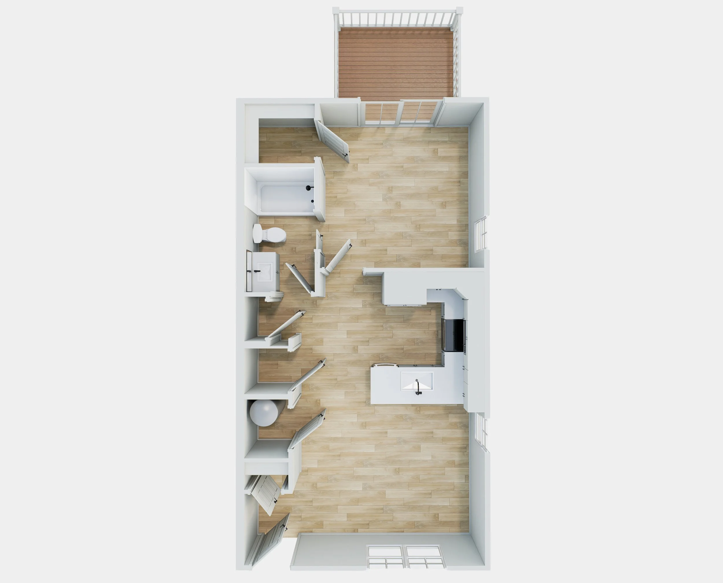 Top-down view of a small apartment layout featuring a kitchen, living area, bathroom with a shower and toilet, and a small balcony.