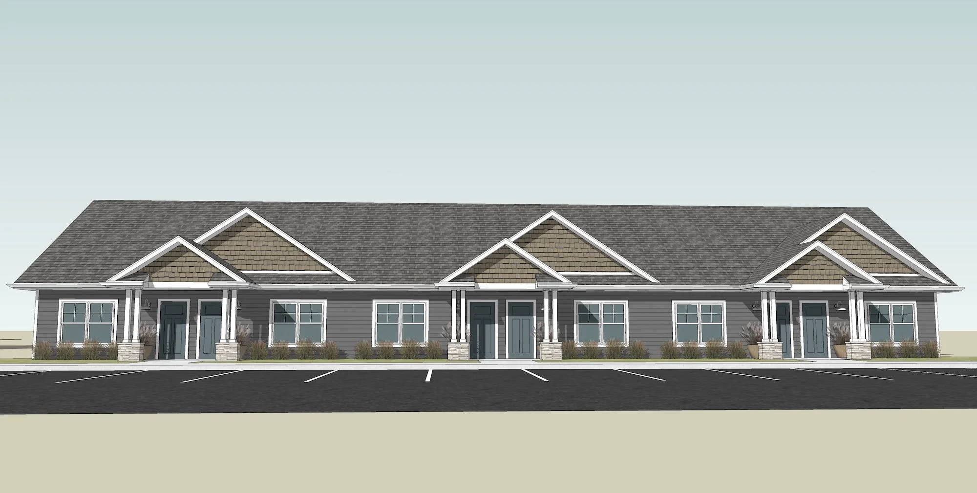 A digital rendering of a modern apartment complex with multiple units, dark gray facade, front porch, gabled roof, and front parking spaces.